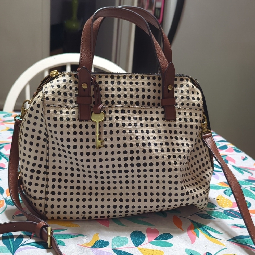 Fossil Black and Brown Polka Dot Satchel
